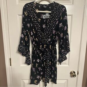 Angie Black Floral Dress with elastic and tie at waist NWT size Medium